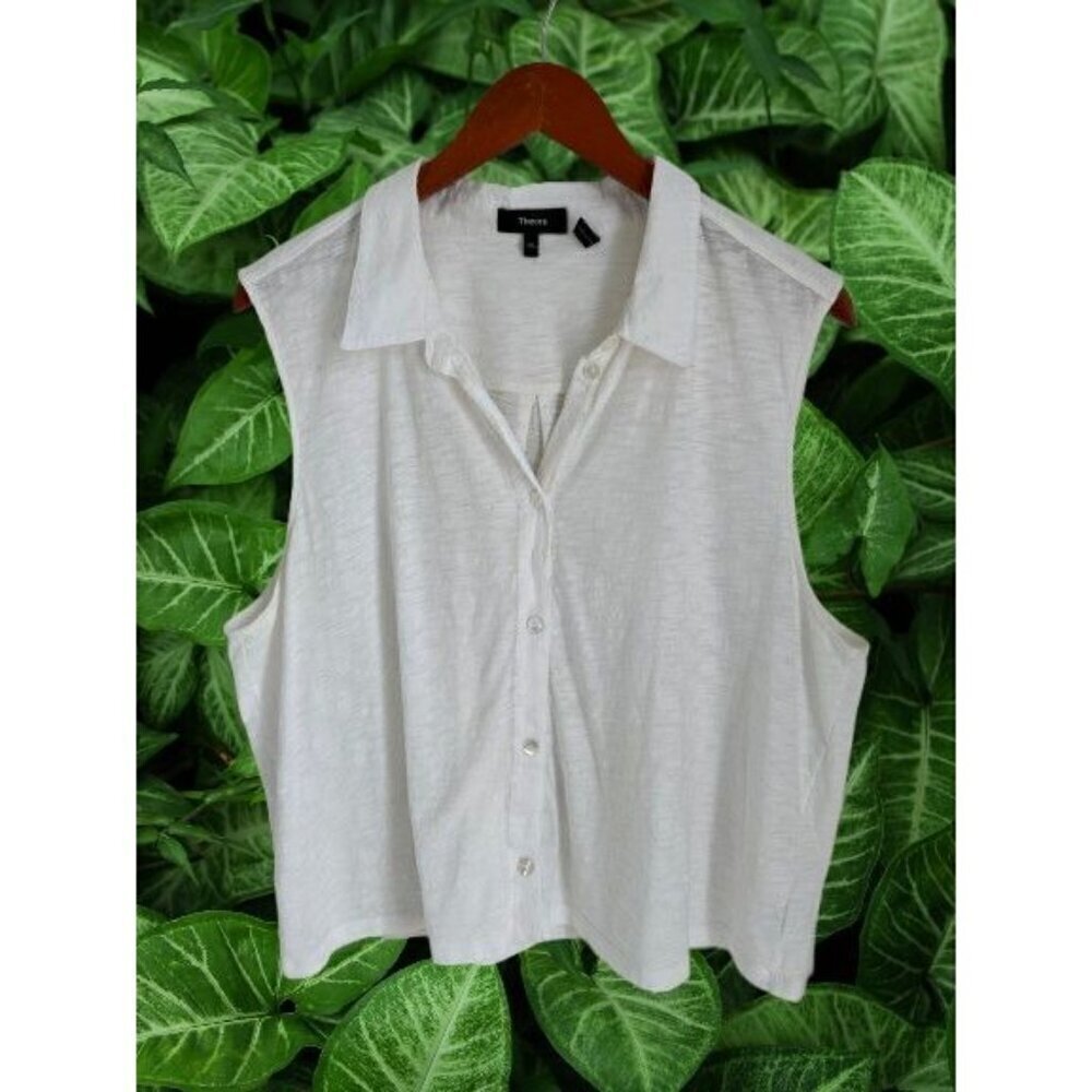Theory Organic Cotton Shirt Tunic Sleeveless White Collar Preppy Size 2XL